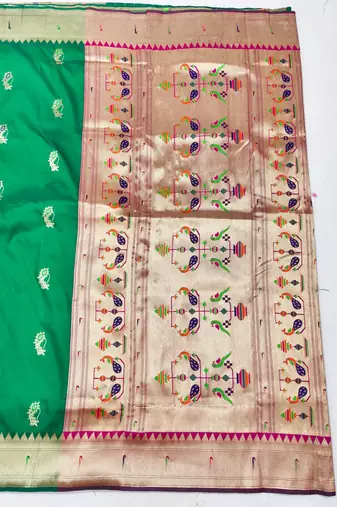 Green zari woven paithani silk blend saree with blouse piece