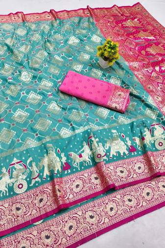 Light blue zari woven banarasi silk blend saree with blouse piece