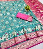 Light blue zari woven banarasi silk blend saree with blouse piece
