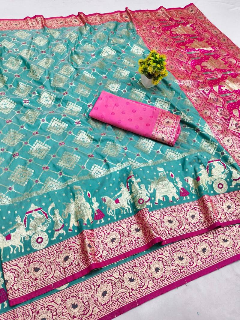 Light blue zari woven banarasi silk blend saree with blouse piece