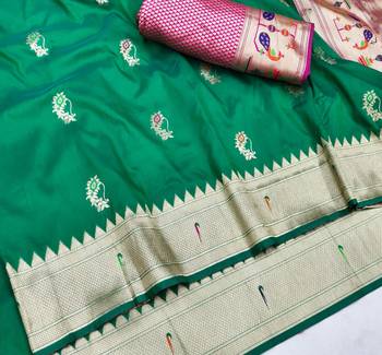 Green zari woven paithani silk blend saree with blouse piece 3