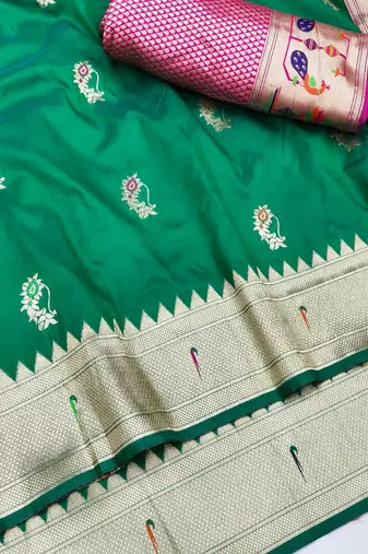 Green zari woven paithani silk blend saree with blouse piece
