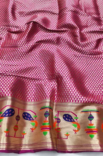 Green zari woven paithani silk blend saree with blouse piece