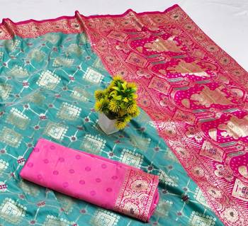 Light blue zari woven silk blend saree with blouse piece 3