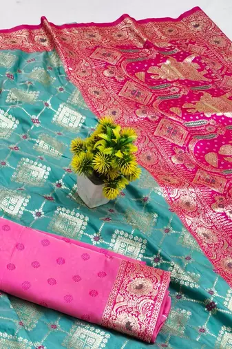 Light blue zari woven silk blend saree with blouse piece