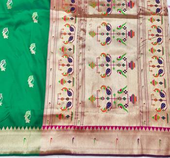 Green zari woven paithani silk blend saree with blouse piece 5
