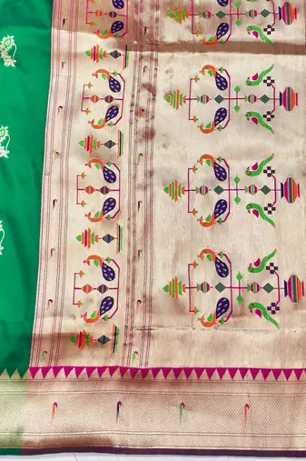 Green zari woven paithani silk blend saree with blouse piece