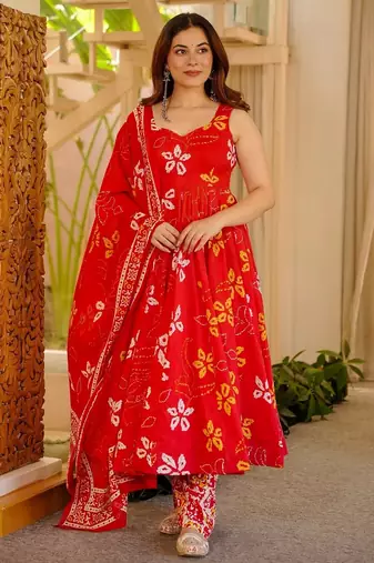 Red color muslin printed ceremonial readymade attire