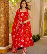 Red color muslin printed ceremonial readymade attire