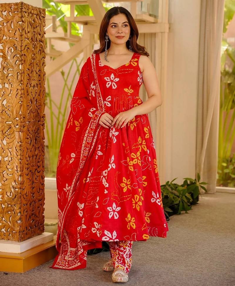 Red color muslin printed ceremonial readymade attire