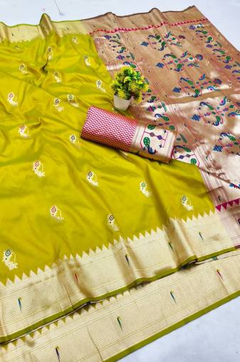 Lime zari woven paithani silk blend saree with blouse piece