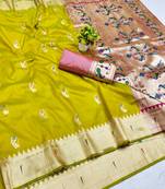 Lime zari woven paithani silk blend saree with blouse piece