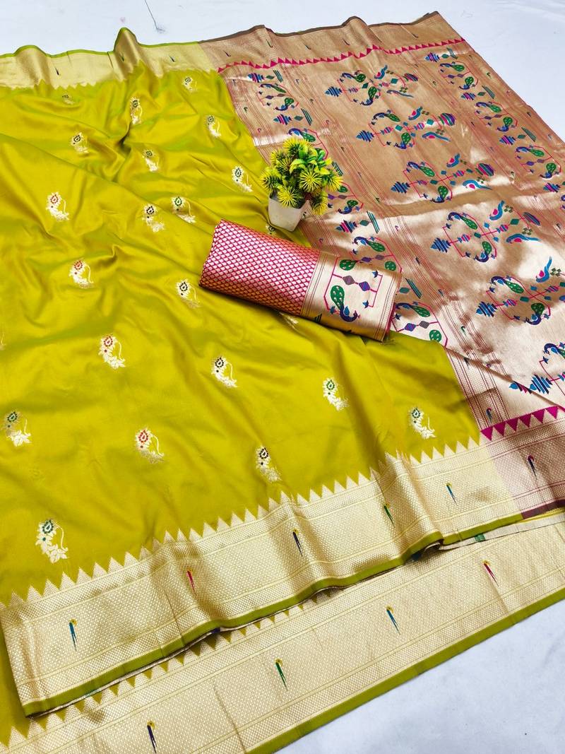 Lime zari woven paithani silk blend saree with blouse piece