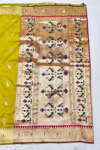 Lime zari woven paithani silk blend saree with blouse piece