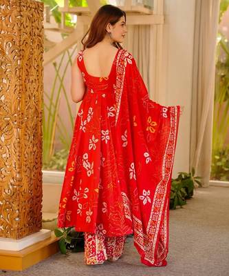 Red color muslin printed ceremonial readymade attire 2