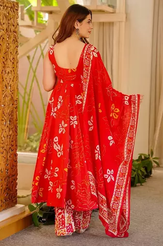 Red color muslin printed ceremonial readymade attire