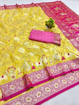 Yellow zari woven silk blend saree with blouse piece 1