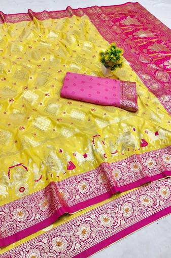 Yellow zari woven banarasi silk blend saree with blouse piece