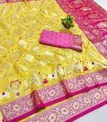 Yellow zari woven banarasi silk blend saree with blouse piece