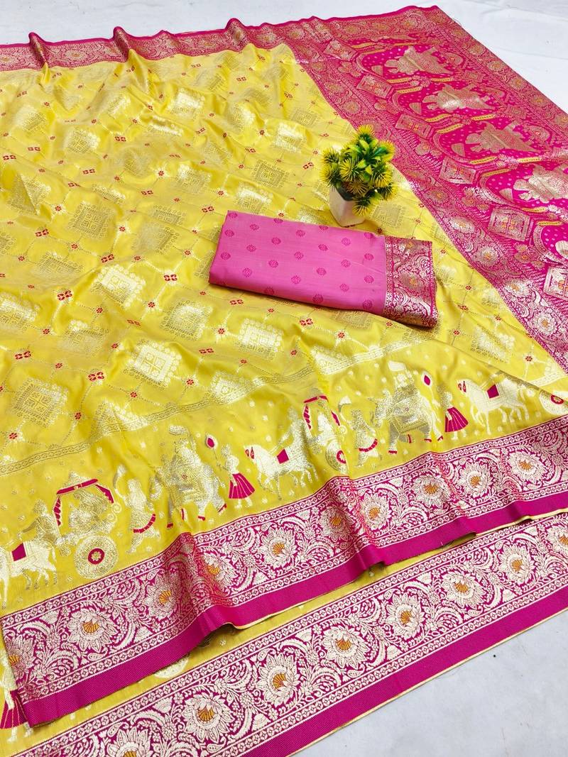 Yellow zari woven banarasi silk blend saree with blouse piece