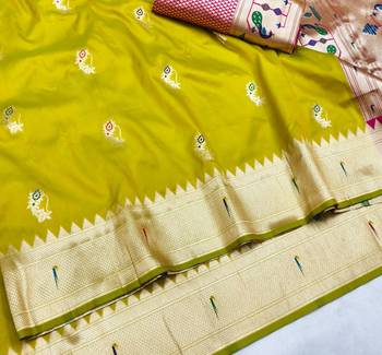 Lime zari woven paithani silk blend saree with blouse piece 3