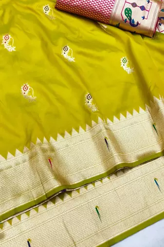 Lime zari woven paithani silk blend saree with blouse piece