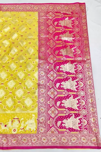 Yellow zari woven silk blend saree with blouse piece