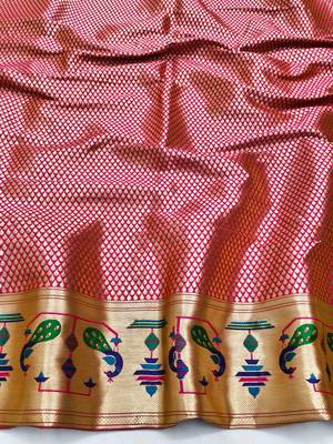 Lime zari woven paithani silk blend saree with blouse piece 4