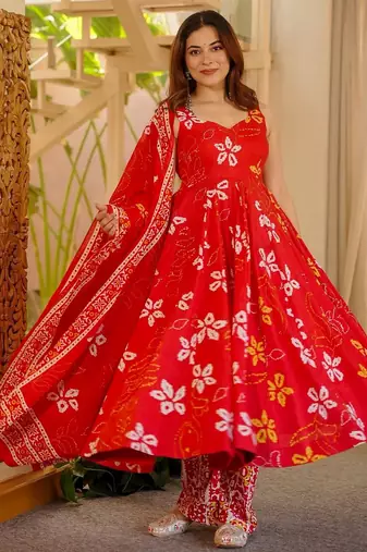 Red color muslin printed ceremonial readymade attire