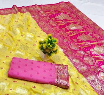 Yellow zari woven silk blend saree with blouse piece 3