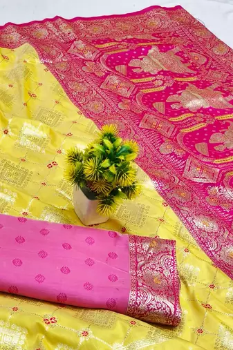 Yellow zari woven silk blend saree with blouse piece