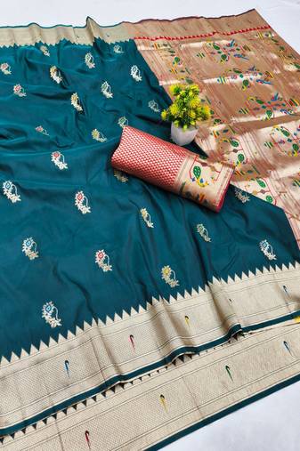 Firozi zari woven paithani silk blend saree with blouse piece