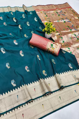 Firozi zari woven paithani silk blend saree with blouse piece