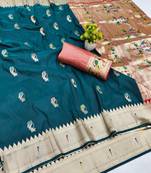 Firozi zari woven paithani silk blend saree with blouse piece