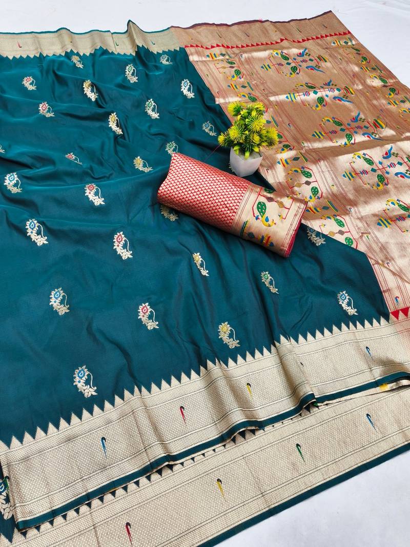 Firozi zari woven paithani silk blend saree with blouse piece