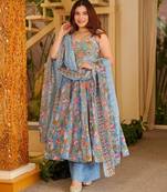 Grey color muslin printed ceremonial readymade attire