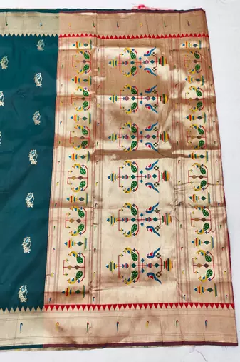 Firozi zari woven paithani silk blend saree with blouse piece