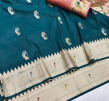 Firozi zari woven paithani silk blend saree with blouse piece 3