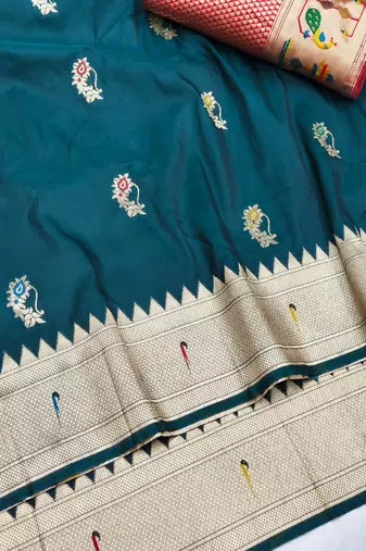Firozi zari woven paithani silk blend saree with blouse piece