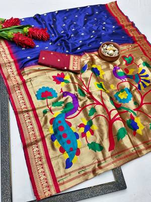 Navy blue zari woven paithani silk blend saree with blouse piece 1