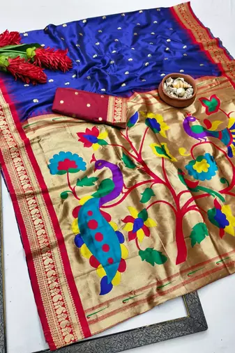 Navy blue zari woven paithani silk blend saree with blouse piece