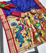 Navy blue zari woven paithani silk blend saree with blouse piece