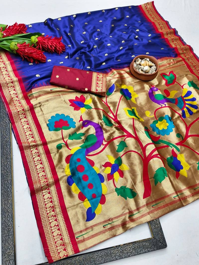 Navy blue zari woven paithani silk blend saree with blouse piece