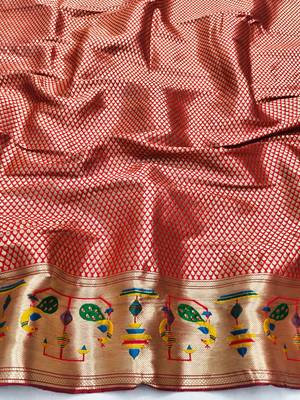 Firozi zari woven paithani silk blend saree with blouse piece 4