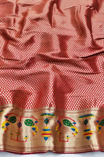 Firozi zari woven paithani silk blend saree with blouse piece