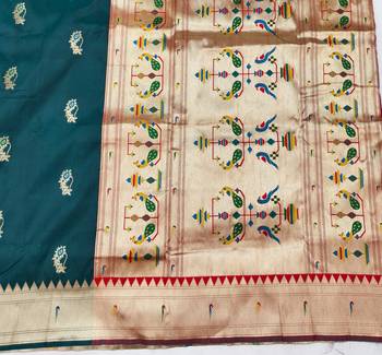 Firozi zari woven paithani silk blend saree with blouse piece 5