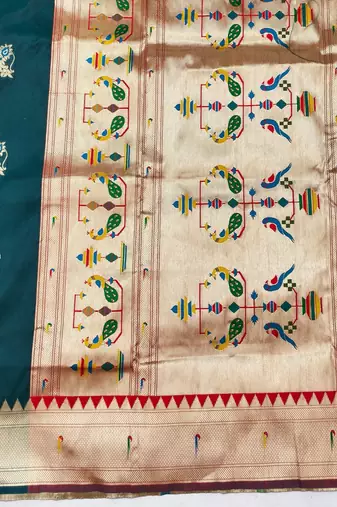 Firozi zari woven paithani silk blend saree with blouse piece