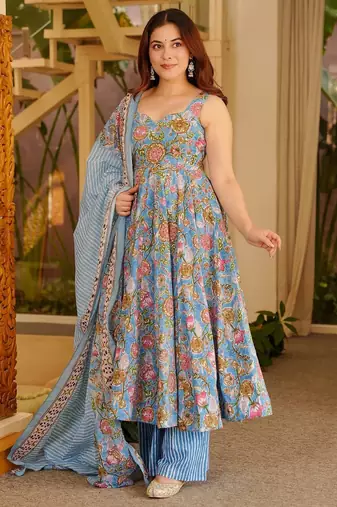 Grey color muslin printed ceremonial readymade attire