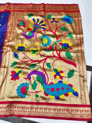 Navy blue zari woven paithani silk blend saree with blouse piece 2