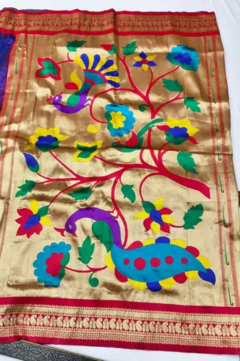 Navy blue zari woven paithani silk blend saree with blouse piece